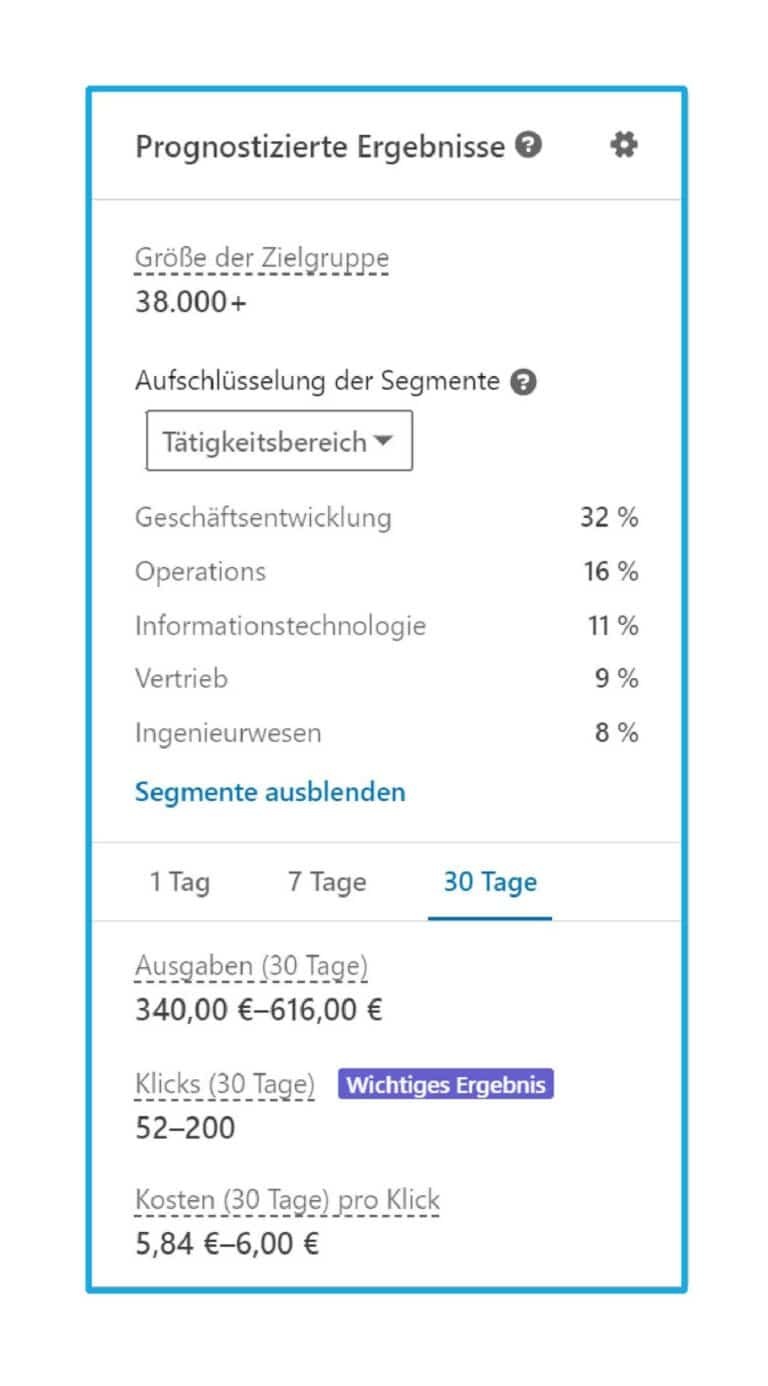 prognose einer zielgruppengröße in der linkedin ads benutzeroberfläche